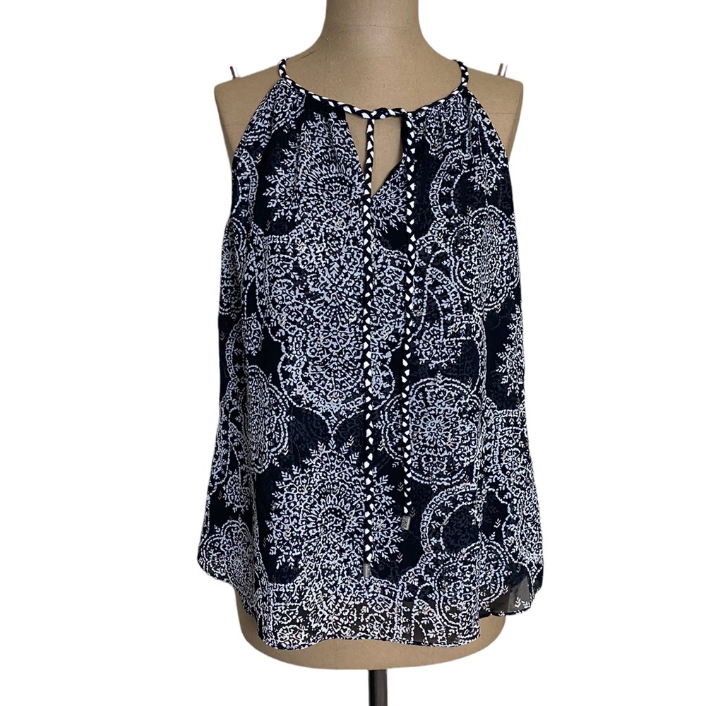 Hale Bob Navy and White Sleeveless Tie-Neck Blouse